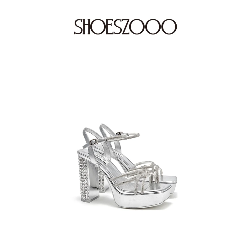 SHOESZOOO水钻凉鞋女款2025新款夏季一字带防水台中空粗跟高跟鞋
