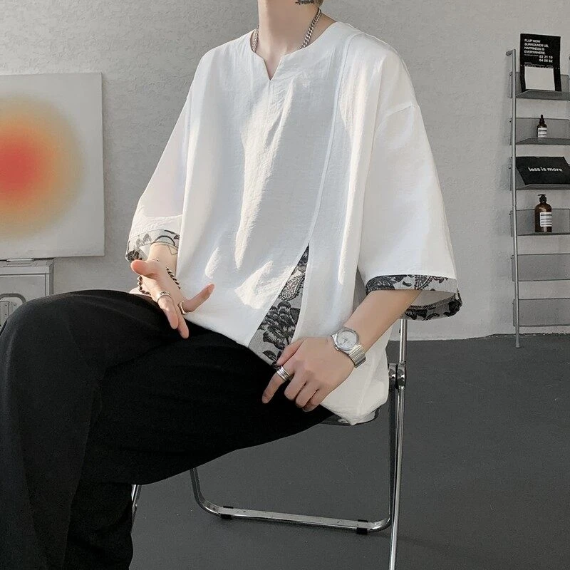 新中式亚麻天丝t恤男款特大码国潮拼接v领短袖夏季棉麻半袖体恤衫