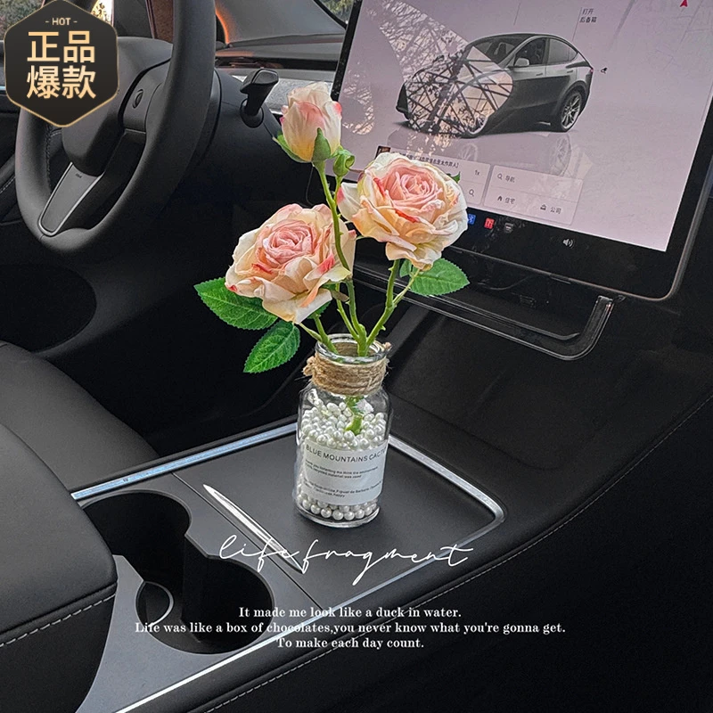 汽车摆件花束法式油画焦边玫瑰氛围车内装饰品适用水杯架车载花瓶