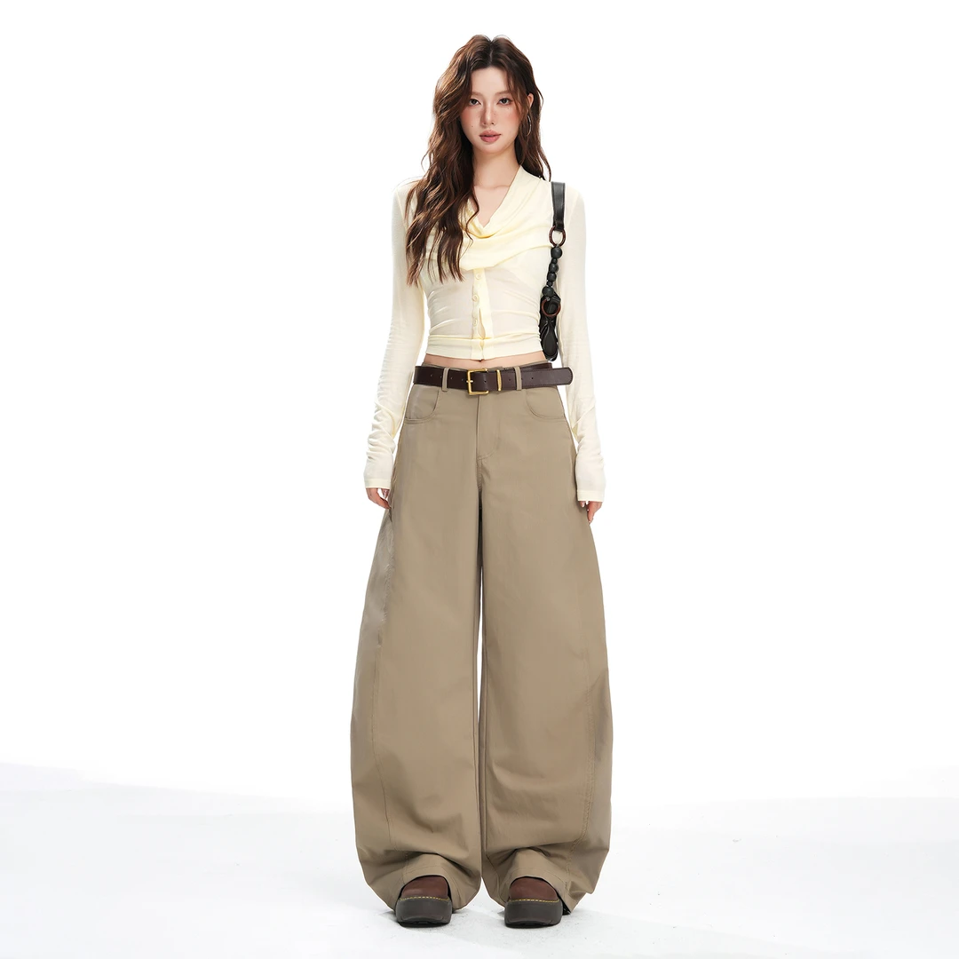 REDR卡其色 白色 黑色宽松阔腿弯刀裤女2025新款慵懒松弛感休闲裤