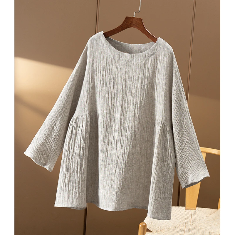 春天家 少见！法G定织褶皱肌理亚麻宽松大廓形圆领衬衫女4W11