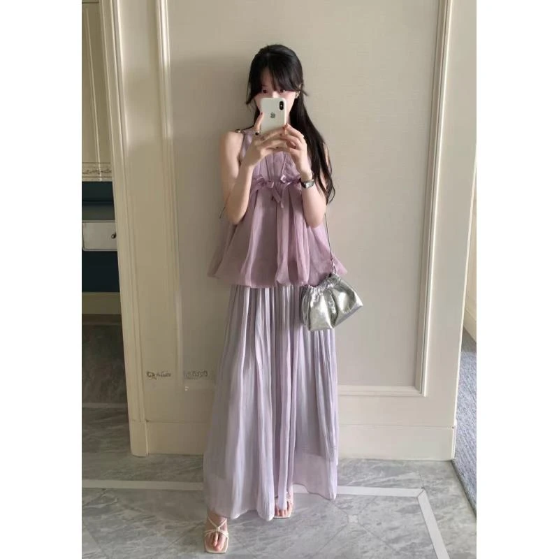紫色裙子套装女夏季法式浪漫时尚显瘦蝴蝶结上衣高腰半身裙两件套