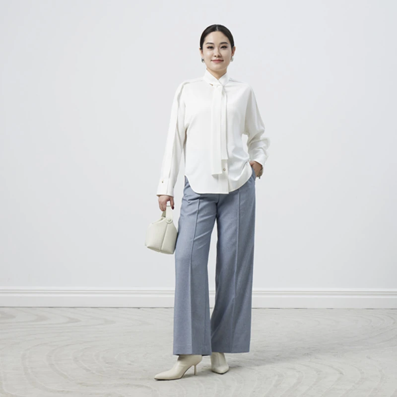 TENGS滕氏女装春季新款时尚通勤柔感百搭长袖白衬衫气质飘带领