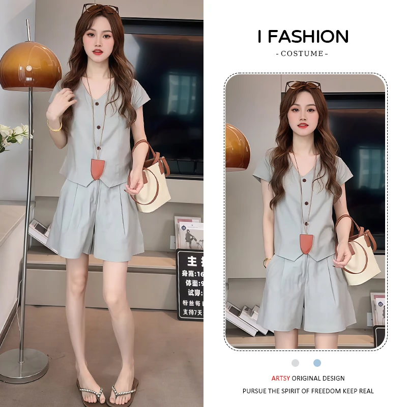 小个子洋气时尚韩版套装女2025年夏季新款减龄短袖阔腿裤两件套潮