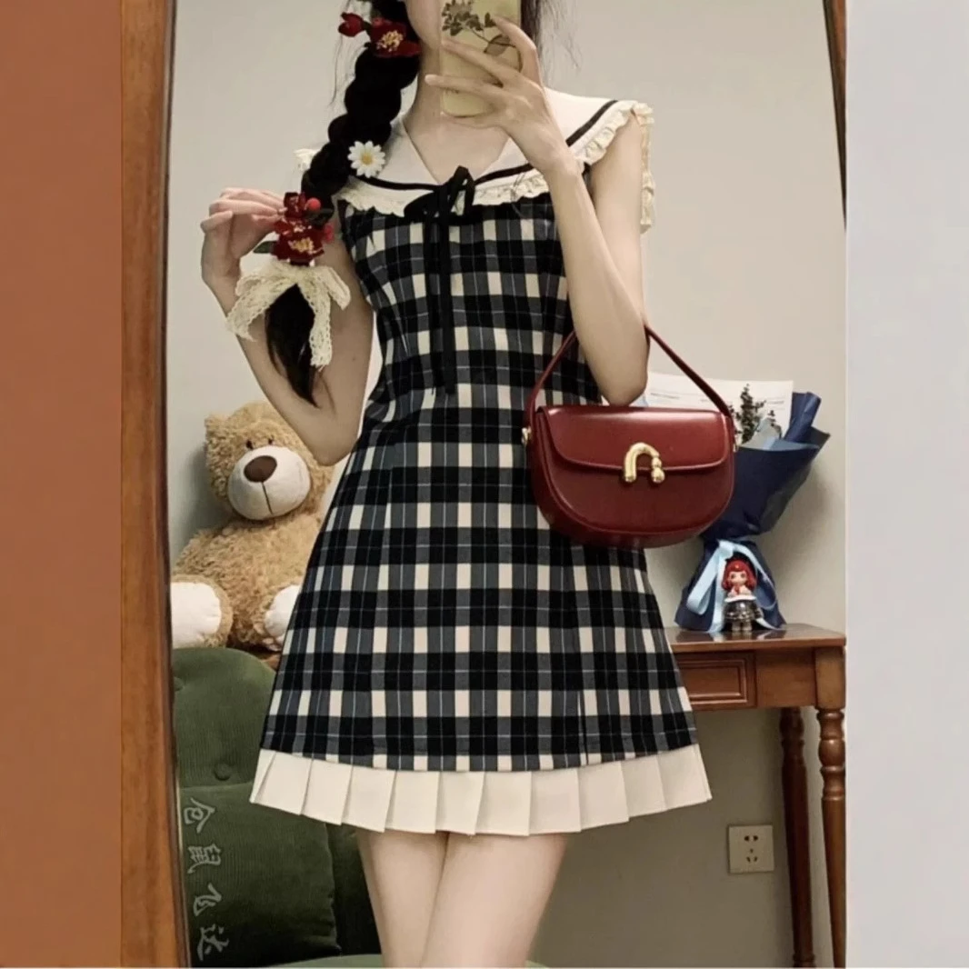 法式无袖连衣裙夏季复古格子漂亮纯欲慵懒风女装裙子学院小众独特