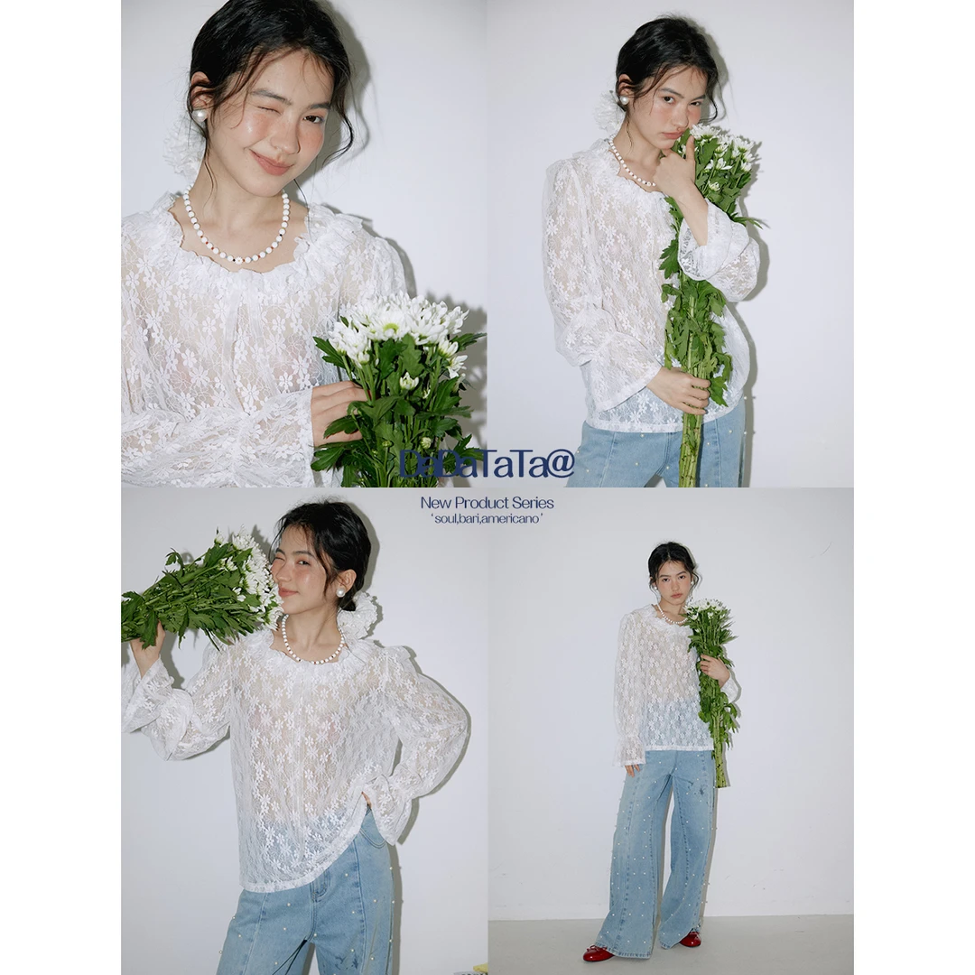 DADATATA晶咕白标【月光私语】宽松蕾丝蝴蝶结喇叭袖勾花大码小衫