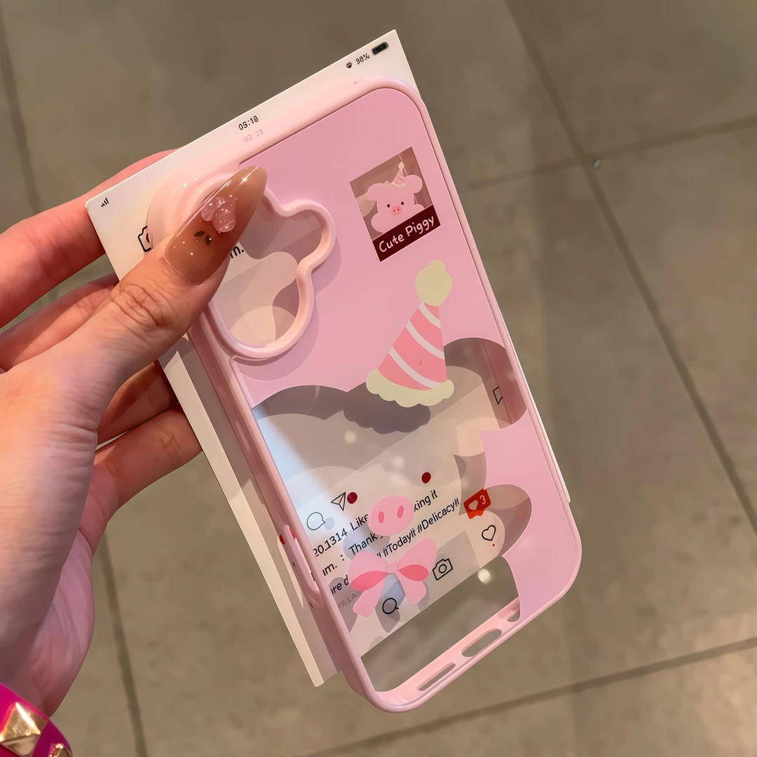 欧克里里镂空粉猪适用苹果16promax亚克力手机壳15/14大孔1312/11