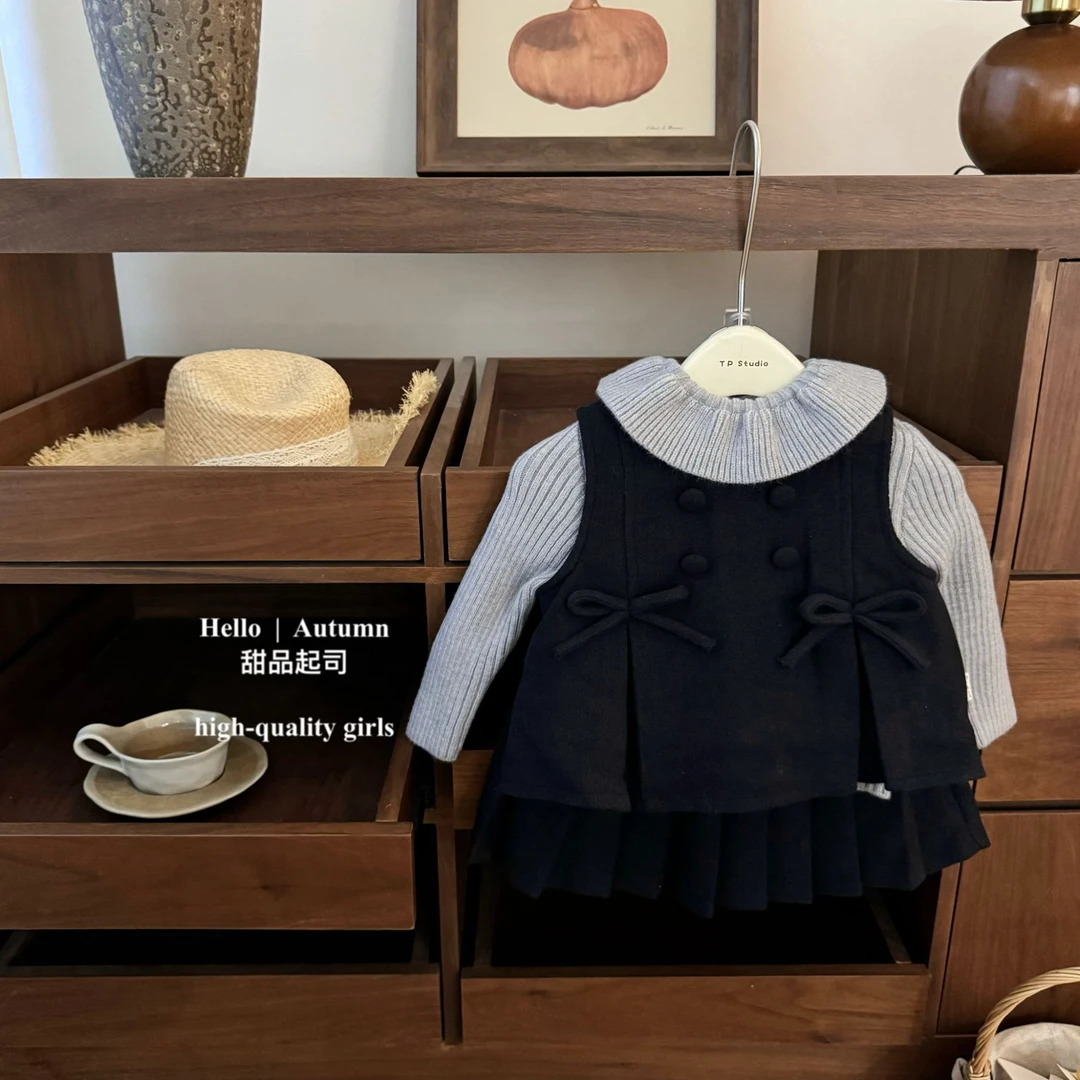 【甜品起司】学院风！韩系女宝毛衣马甲百褶裙洋气三件套装冬季
