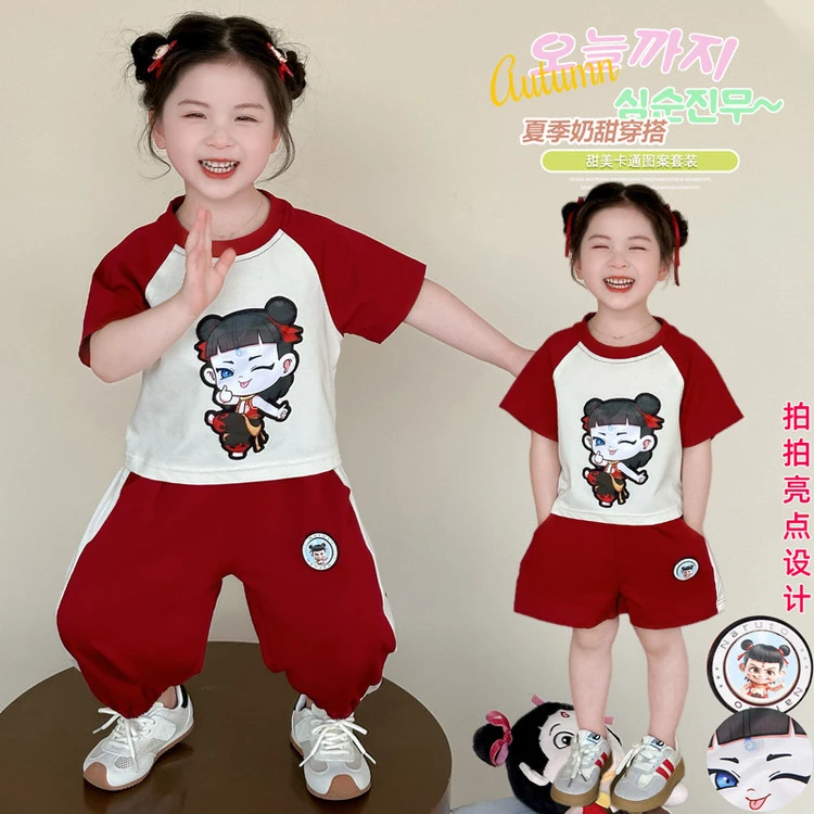 儿童哪吒亮灯套装女童夏季短袖裤子两件套女孩子夏季薄款休闲衣服