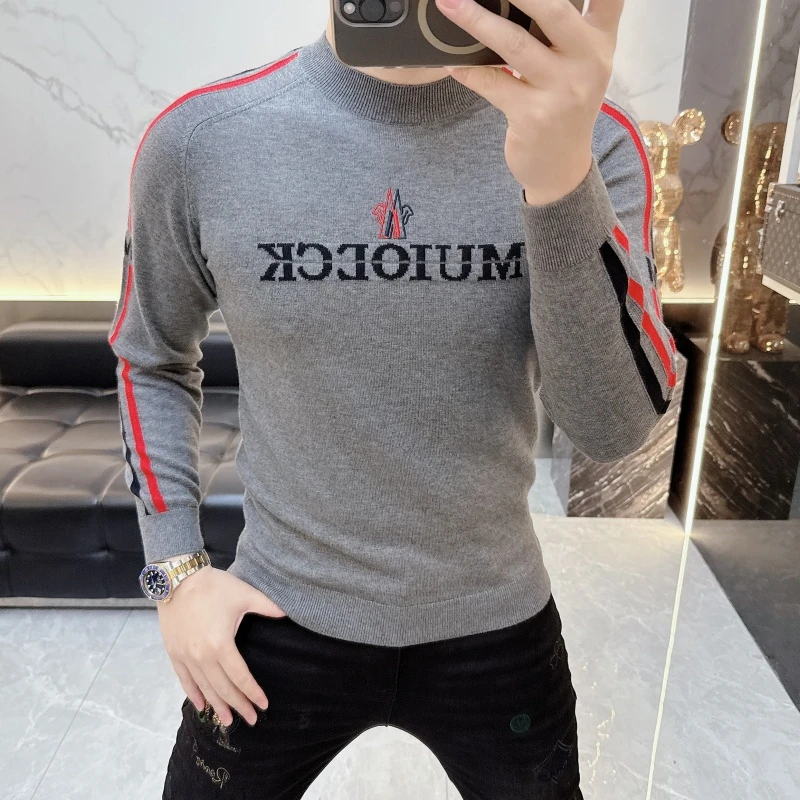男士羊毛衫2025秋冬新款欧货个性字母提花徽章圆领修身针织衫毛衣