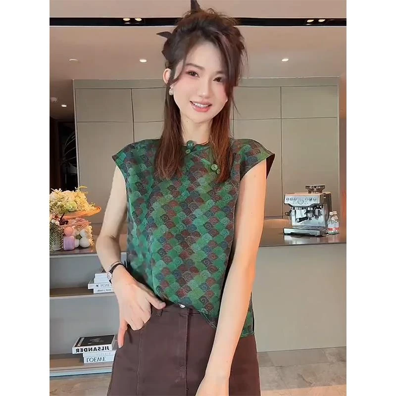 新中式国风复古绿色无袖坎肩上衣2025夏季新款超好看独特漂亮衬衫