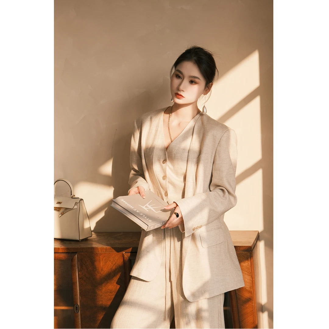 PRASE·噜【亚麻套装】微胖轻奢设计款春复古西装三件套PR502E21/2/3