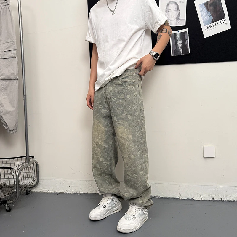 美式街头hiphop牛仔裤男水洗做旧复古腰果花高街直筒休闲裤子痞帅