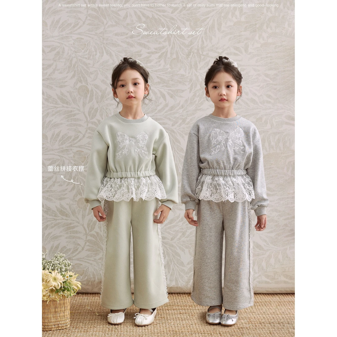 SonnyKids 女童春款圆领可爱蝴蝶结卫衣韩版蕾丝屁帘修身花边长裤