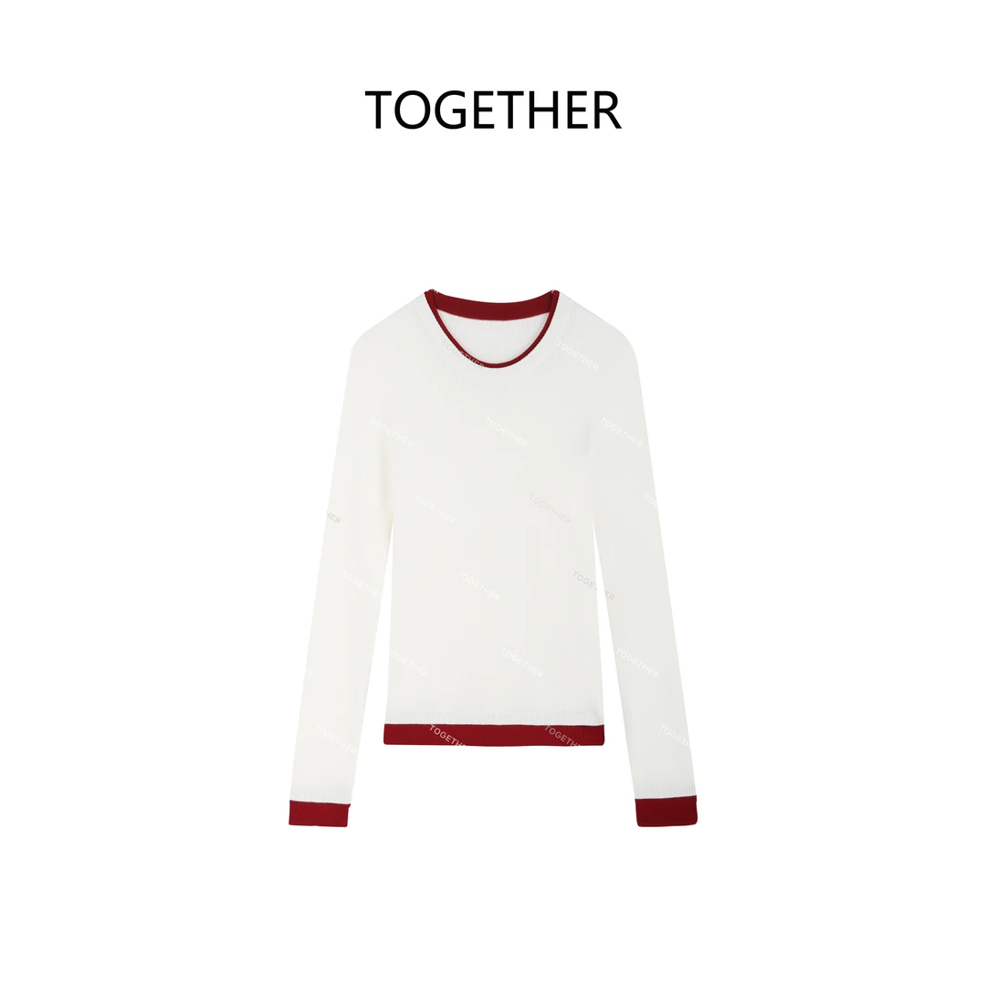 【TOGETHER】·山满· 秋季圆领针织衫拼接撞色设计感长袖打底衫W2195