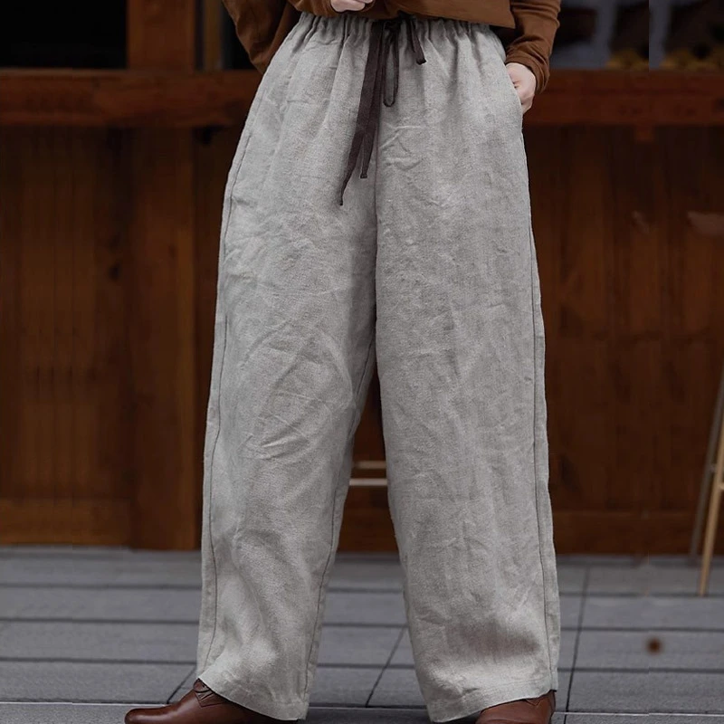 2025新款古董级 雨露麻色粗支亚麻棉颗松紧腰宽松萝卜裤纯色1045
