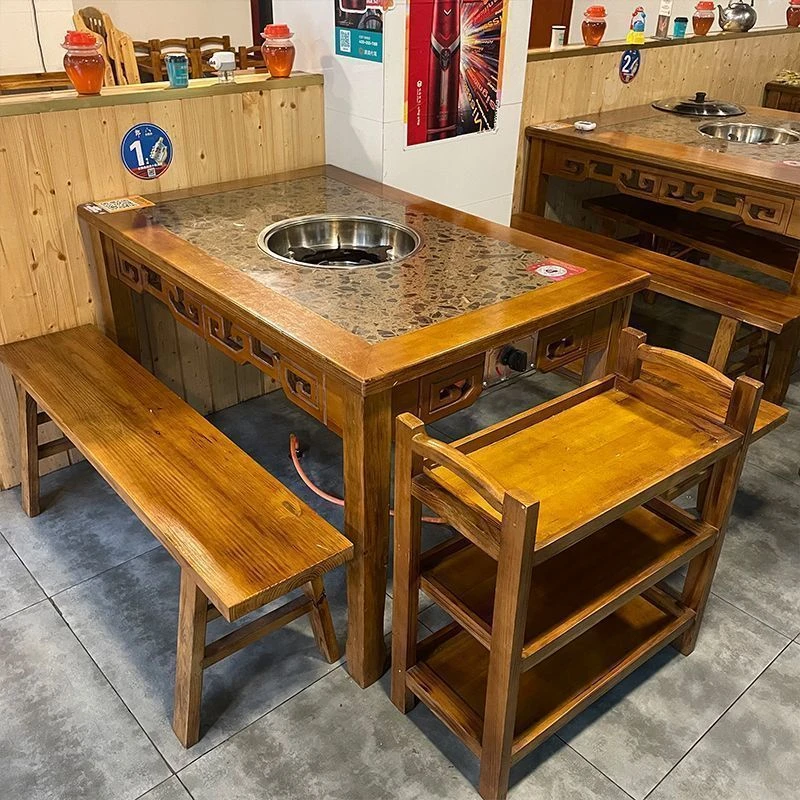 新款火锅桌子电磁炉一体大理石商用火锅桌一体桌实木无烟火锅桌椅