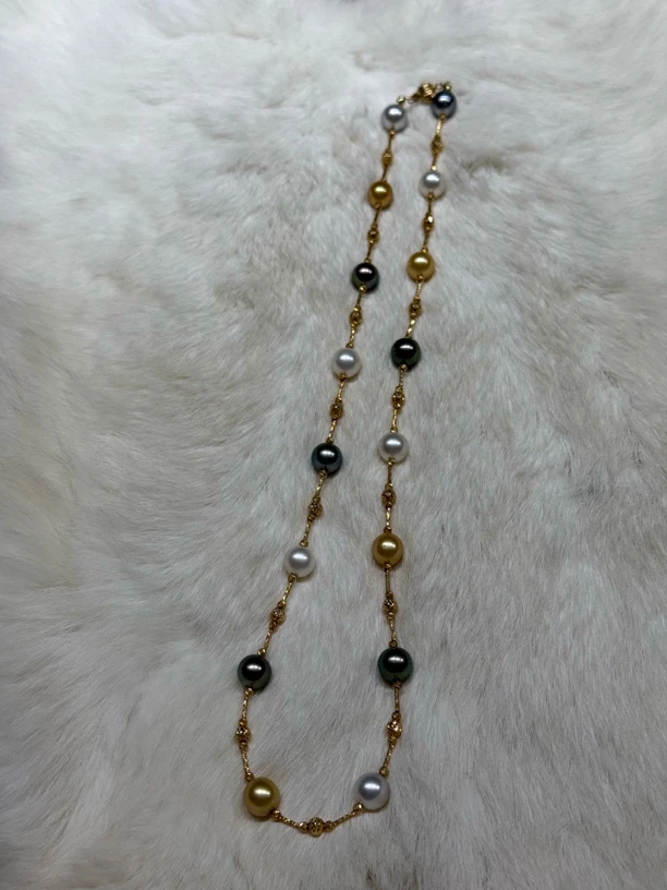 海水珍珠三色兄弟满串，高品质裸珠镶嵌18k金爆闪配件，时尚高级