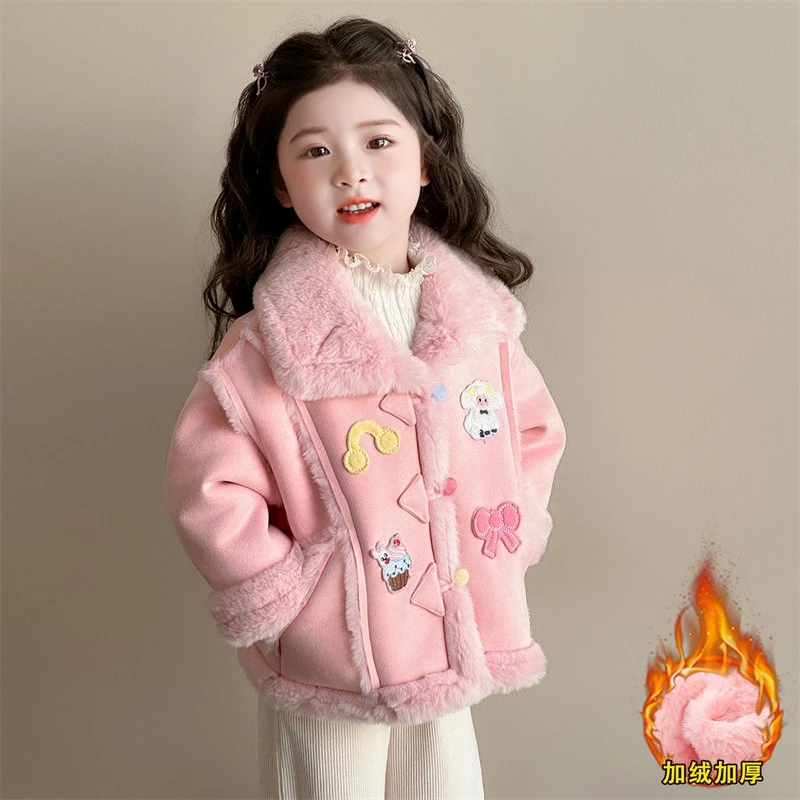 女童加绒加棉保暖外套儿童时髦加厚秋冬2025款宝宝洋气毛毛衣棉服