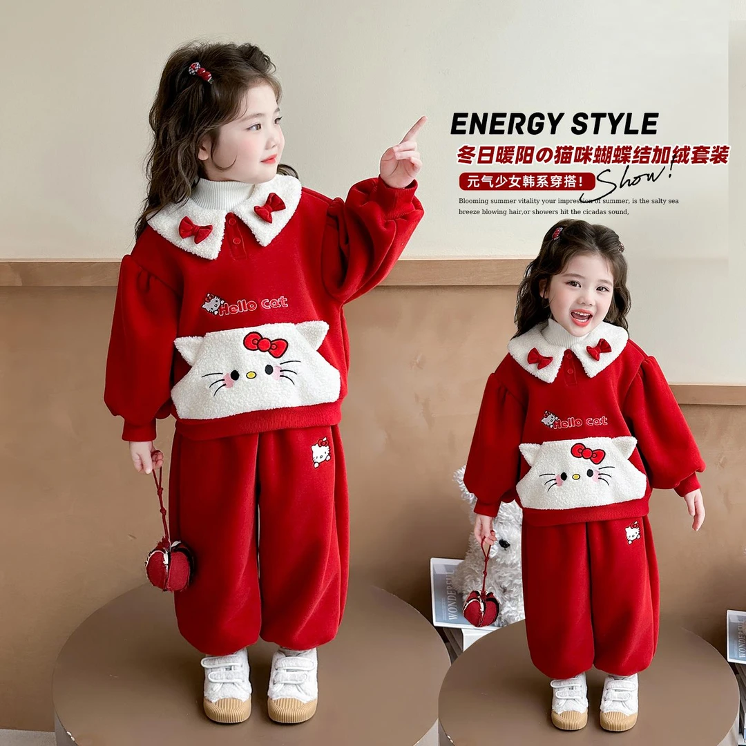 女宝宝秋冬套装2025新款小童卡通套头加绒保暖红色加厚休闲两件套
