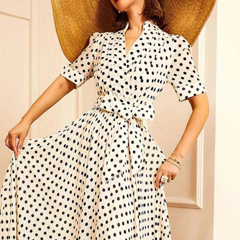 夏季时尚法式轻奢波点长款港风复古收腰显瘦修身大摆连衣裙D2819