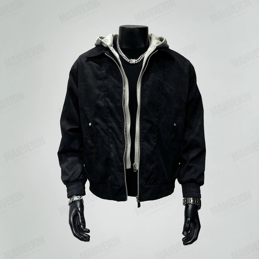 2025秋季新款美式潮牌连帽工装双拉链宽松简约黑夹克外套韩版夹克