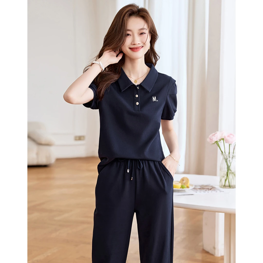 沫晗依美2025秋夏季休闲潮流短袖POLOT恤长裤休闲百搭显瘦套装