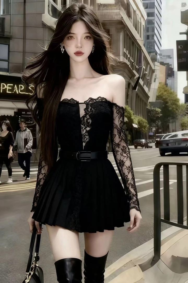 韩版性感轻熟风黑色蕾丝一字肩露肩抹胸上衣+黑色百褶半身裙套装
