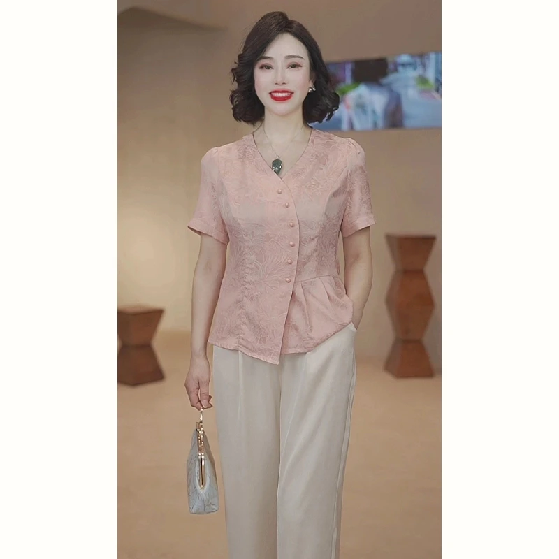 妈妈夏装短袖小衫洋气套装2025新款中老年女装时尚t恤上衣两件套