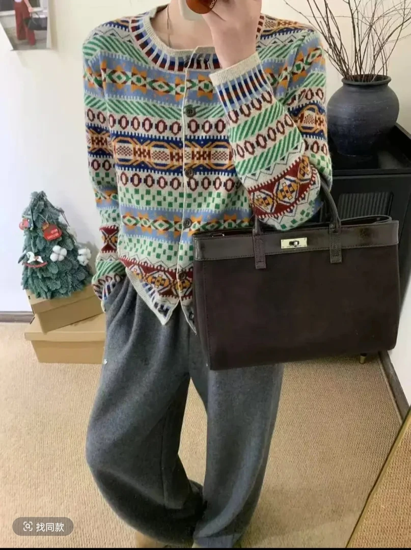 2025费尔岛复古民族风提花圆领针织开衫女春装毛衣外套