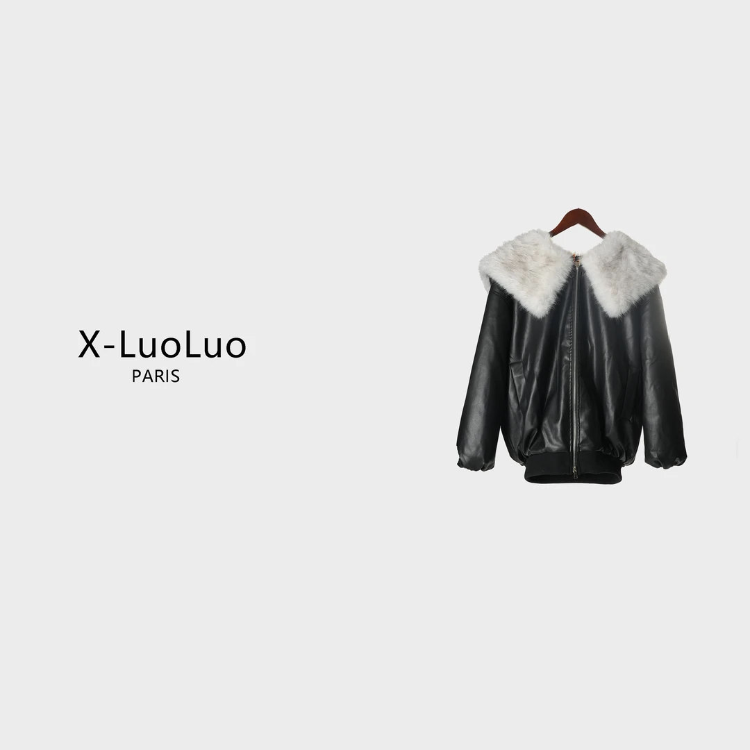 人造皮草 「大毛领2.0 至臻黑胶」中长款撞色大翻领PU皮夹克皮草