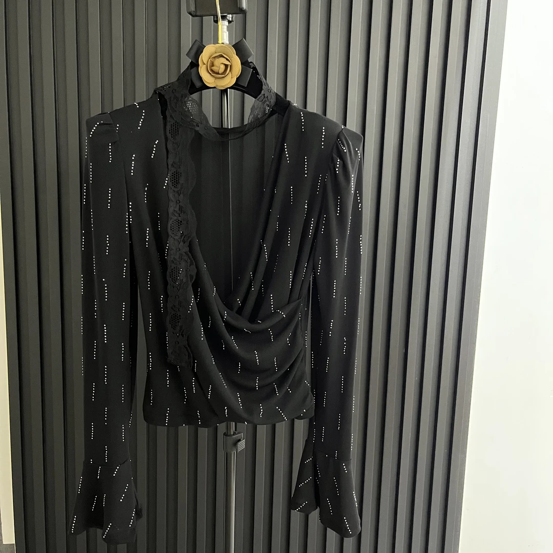 新款气质优雅V领蕾丝飘带收腰衬衫长袖百搭上衣时尚设计师修身春