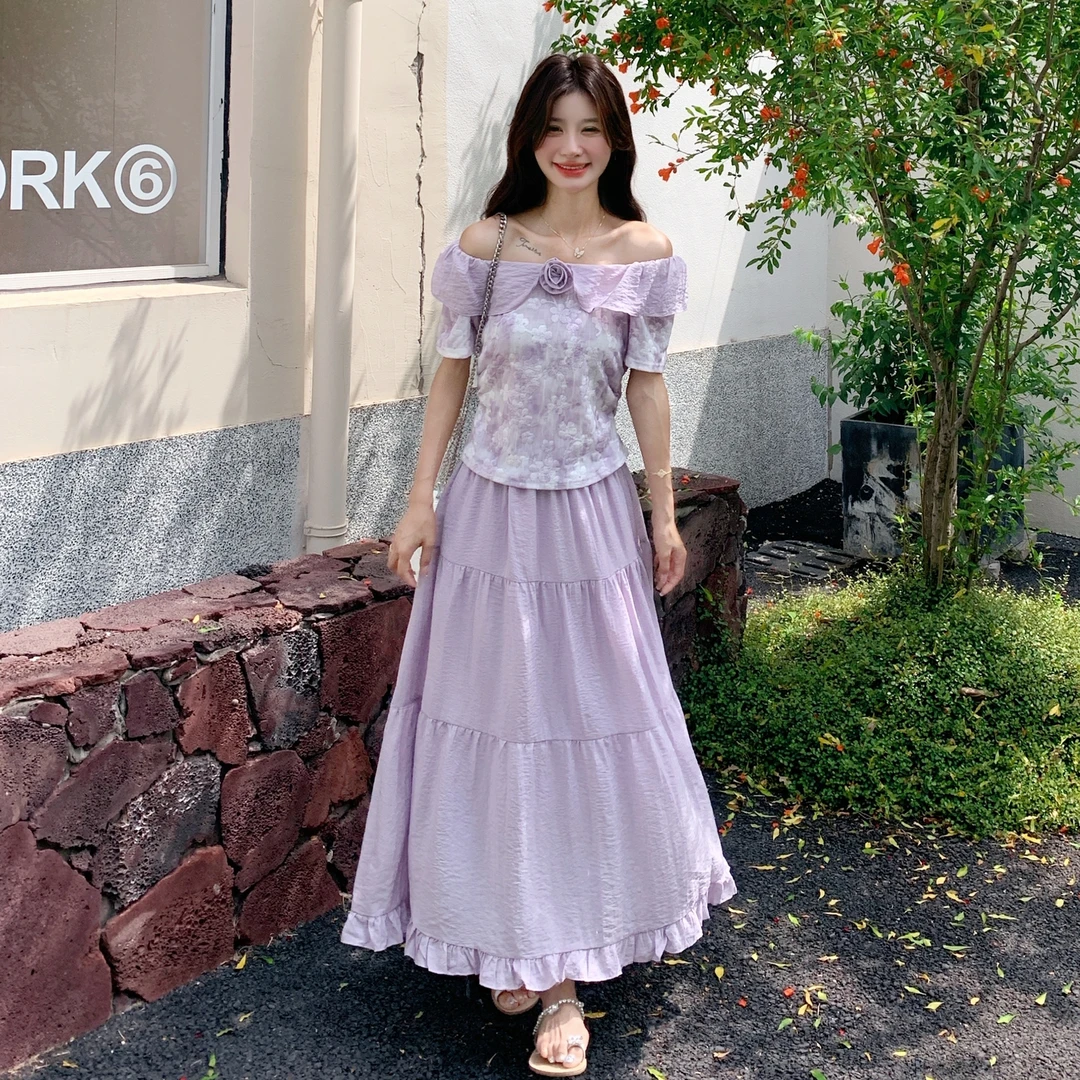 荷叶边紫色上衣半身裙套装女夏2025新款温柔风两件套独特漂亮减龄