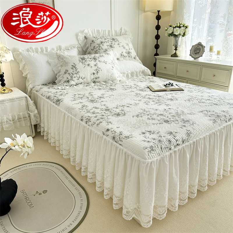 浪莎公主风全棉纯棉蕾丝床裙单件床围带裙边床罩床单四季通用床盖