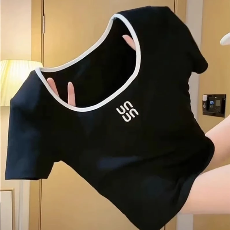 新潮设计感镂空方领短袖T恤2025夏季新款撞色拼接修身显瘦上衣女