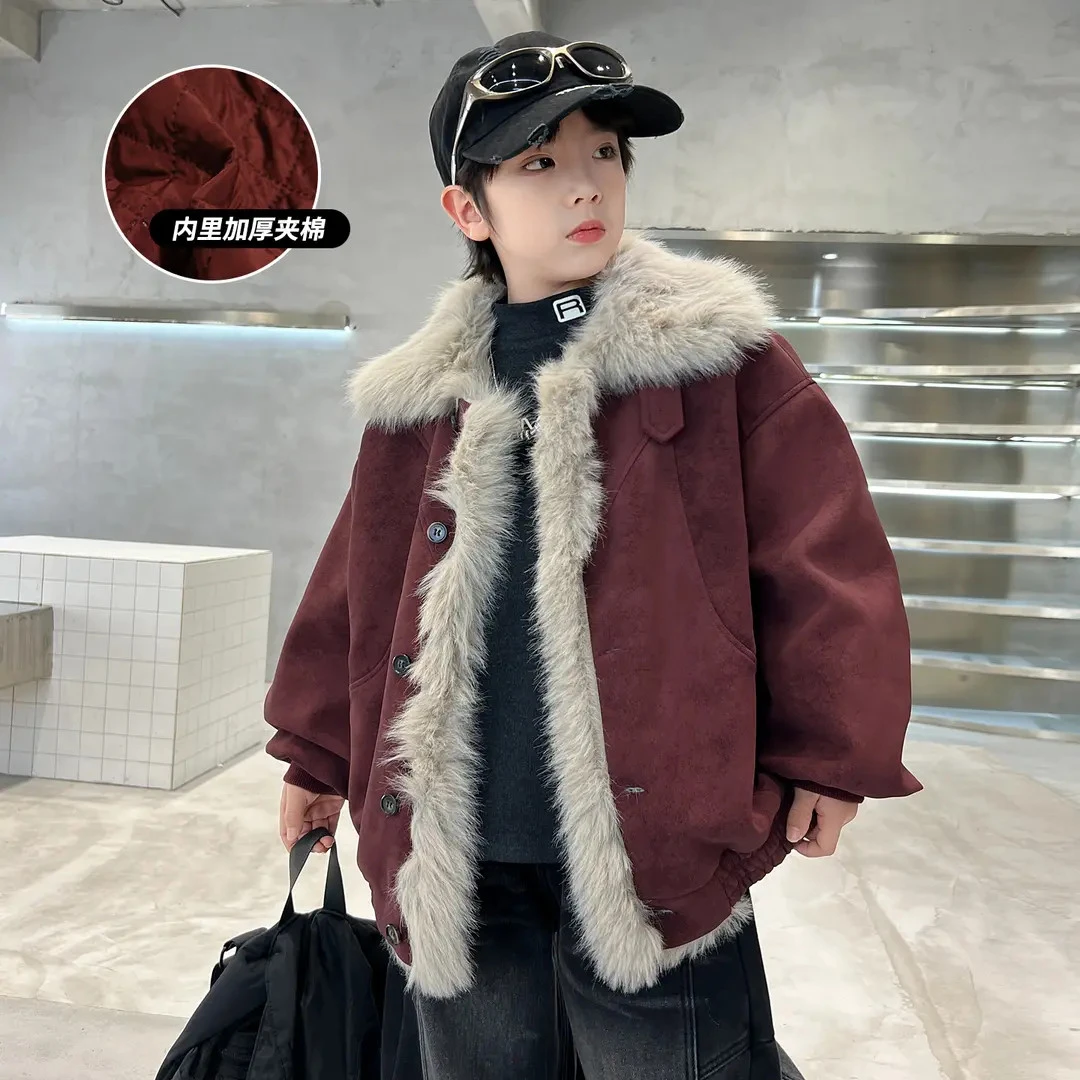 儿童装男童冬装夹棉皮外套2025新款中大童冬季加厚加厚棉袄棉服潮