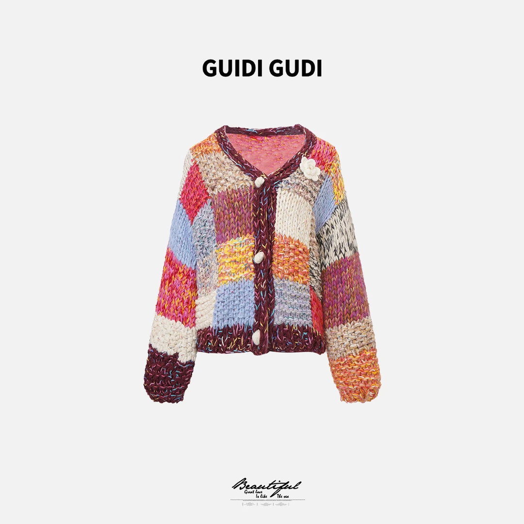 GUIDI GUDI【红色彩虹】彩虹时尚长袖毛针织衫/黄加蓝