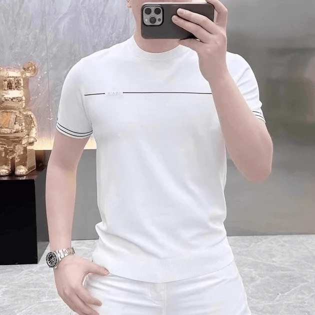 2025欧货轻奢男士针织冰丝短袖T恤时尚潮流百搭夏季印花半袖上衣