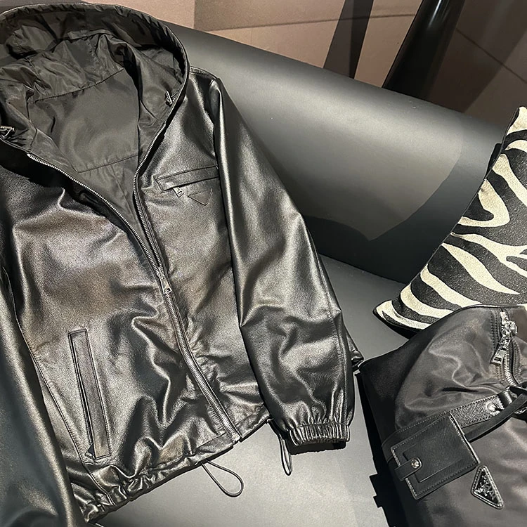 “经典三角标” 進口头层小牛皮 双面可穿休闲连帽皮衣外套