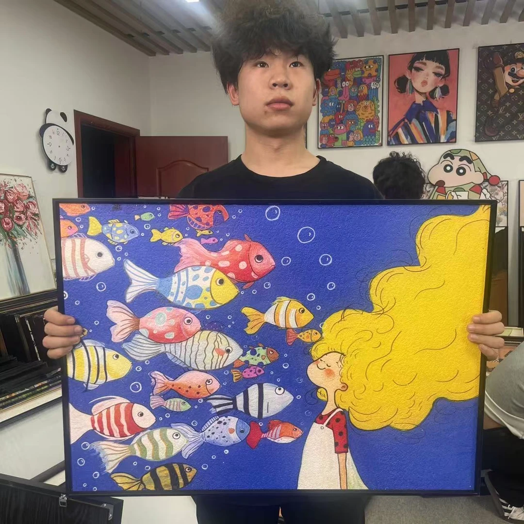 多巴胺色彩鱼群大海客厅装饰画小众艺术女孩挂画5070