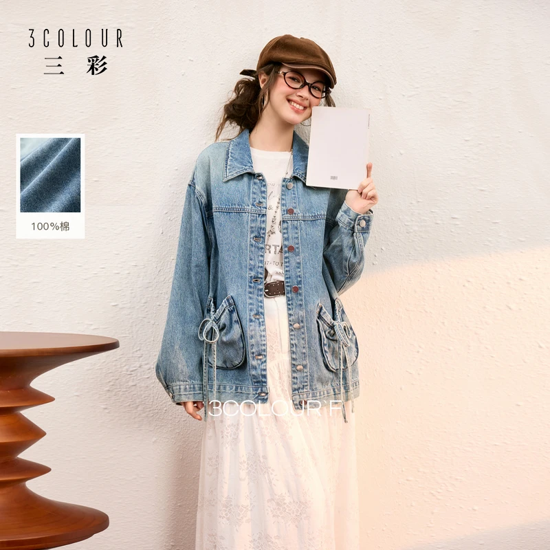 【100棉】三彩独醒2025秋季新款复古做旧宽松蝴蝶结牛仔服外套F
