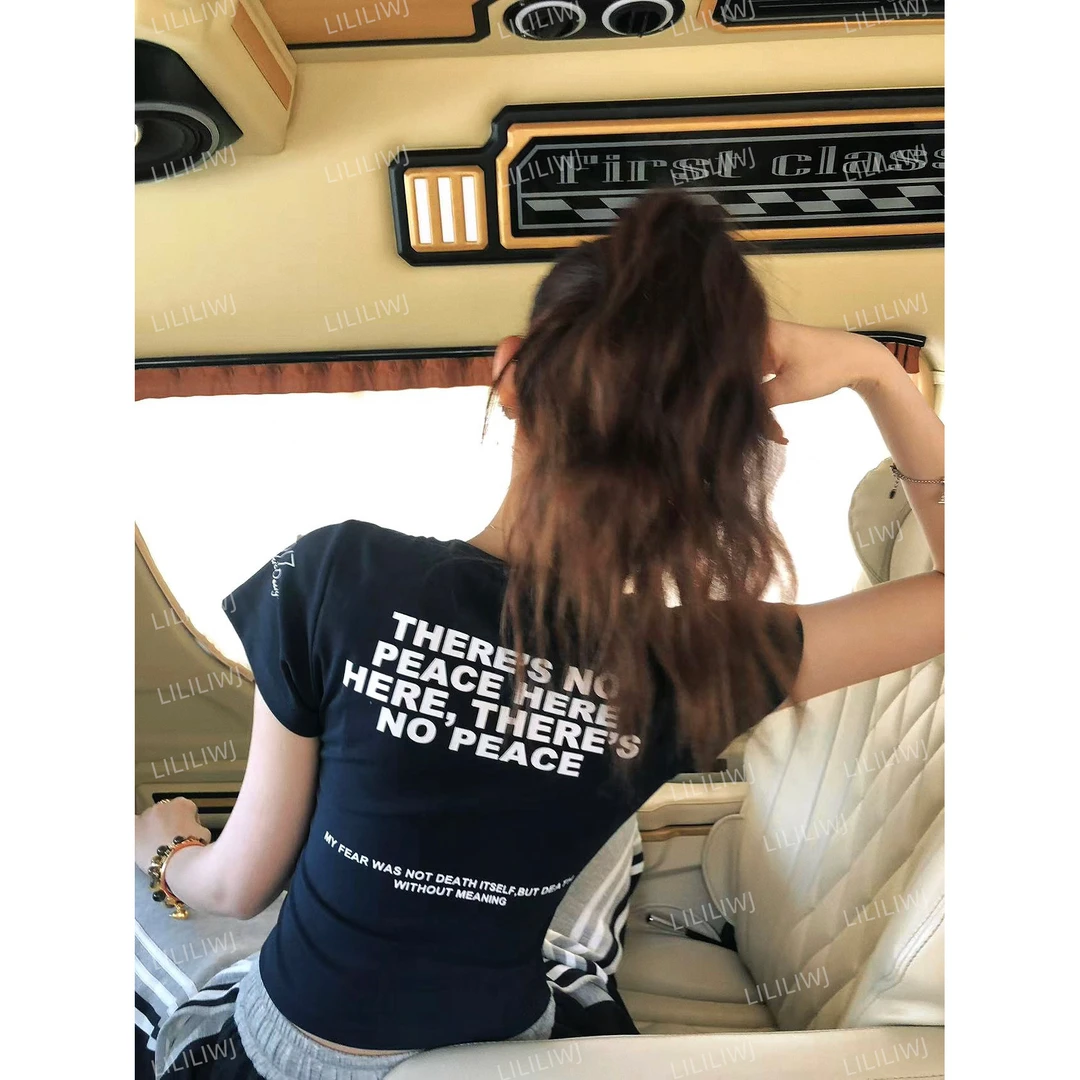 LI婉君 早春美式印花修身辣妹百搭时尚短袖T恤上衣LWJ25A1T093