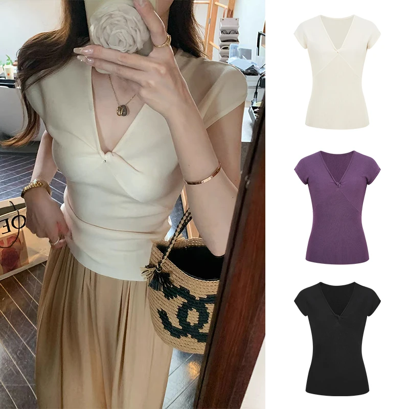 Moses Queen/魔西女王夏季显瘦气质时尚v领针织衫设计感修身上衣