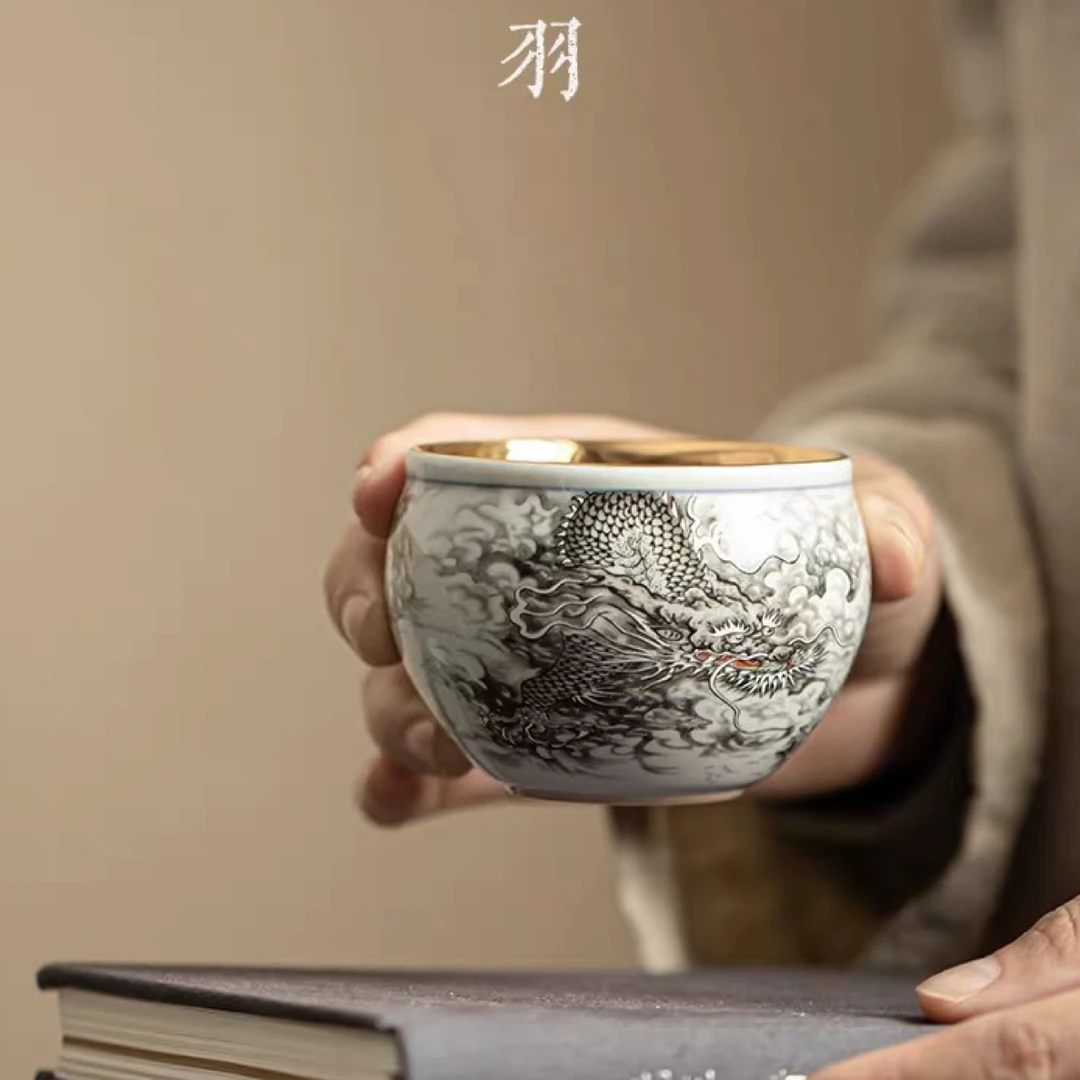 墨龙金杯主人杯墨彩龙纹卧足茶杯大号缸杯A7489