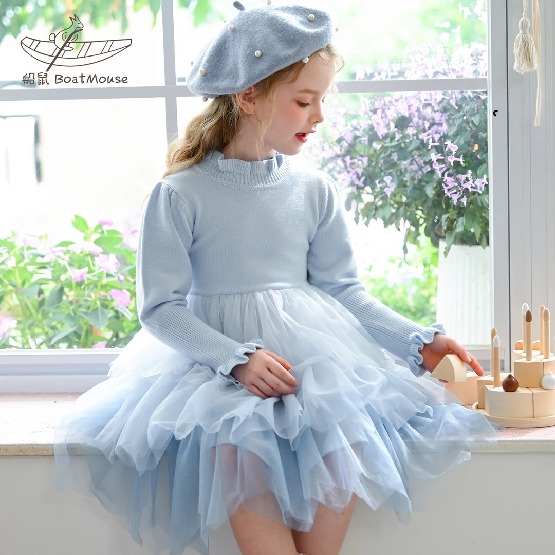船鼠女童针织连衣裙半高领拼接网纱蛋糕裙小女孩公主裙儿童春秋冬