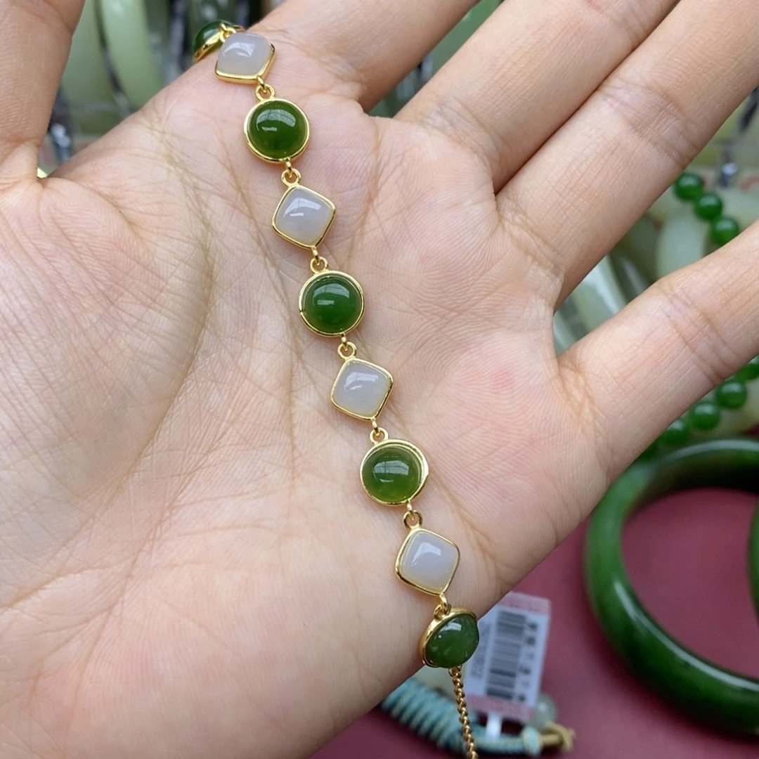 和田玉手链银S925镶嵌雨*_