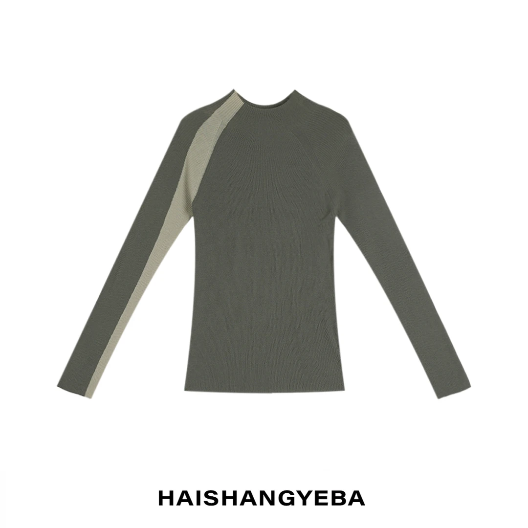 【海上叶爸】新款2025秋冬百搭羊毛圆领撞色微透宽松长袖羊毛衫
