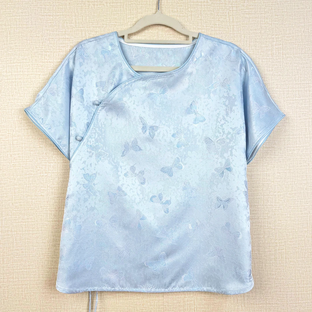 17夏装上衣①新中式女装国风真丝半袖蜀锦桑蚕丝薄款夏季短袖上衣