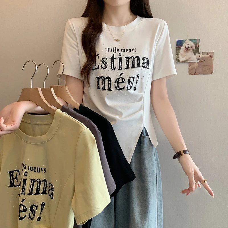 2025夏装新款胖mm大码女韩系百搭印花字母不规则短袖T恤