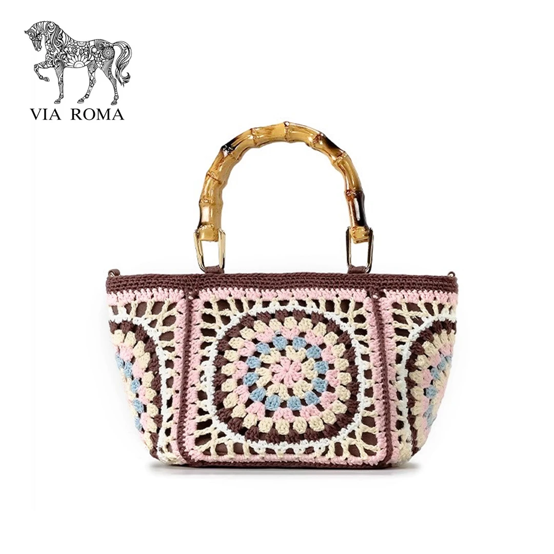 民族风手工钩织成品菜篮子手提包M-050粉色